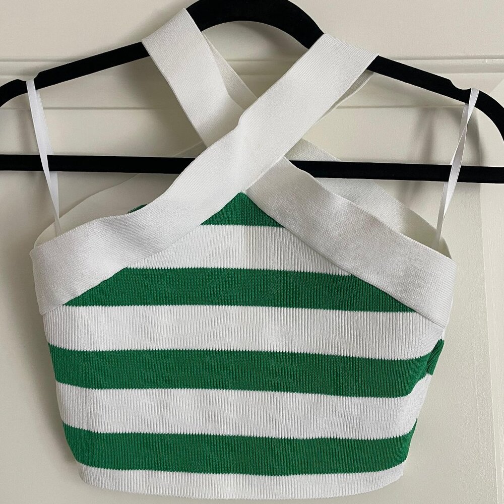 Babaton Sculpt Knit Criss Cross Tank Top Sz M Green White Stripe Cropped - Picture 3 of 6